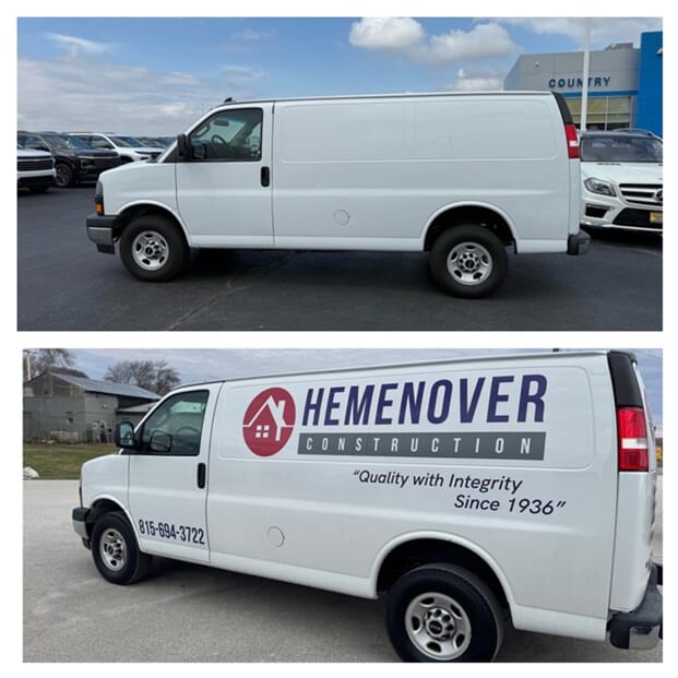 A van before and after vehicle graphics were applied.